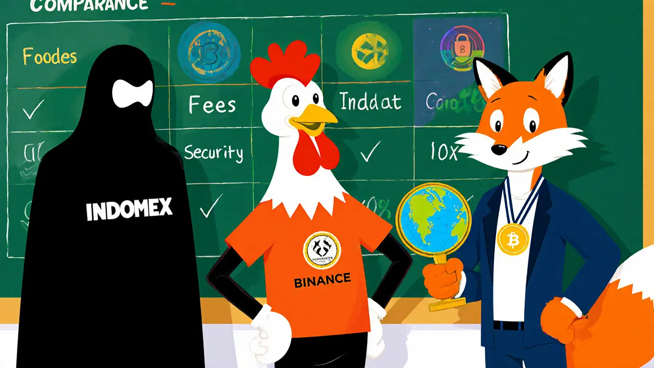 Three Looney Tunes characters represent INDOMEX, Indodax, and Binance beside a comparison chart.