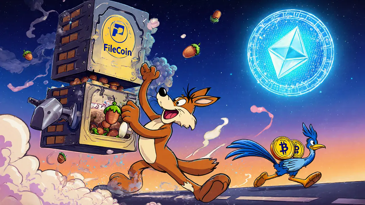 Wile E. Coyote trying to store acorns in a floating Filecoin storage tower as Road Runner delivers FIL tokens.