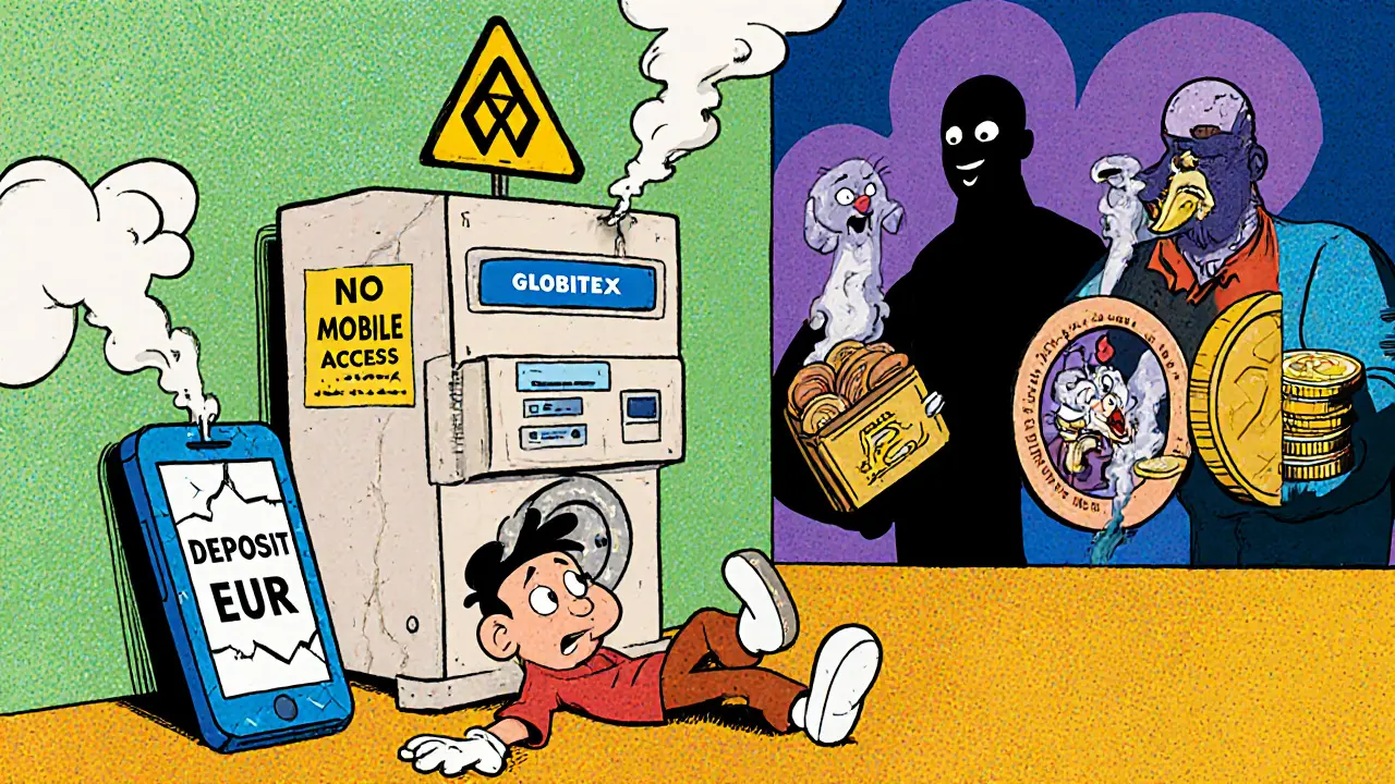 A broken mobile phone next to a giant, smoking IBAN deposit machine while users laugh in the distance.