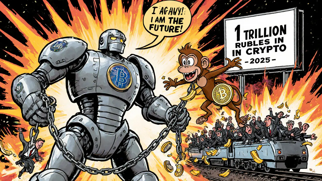 A Digital Ruble robot battling a Bitcoin monkey amid blockchain chains, with a '1 TRILLION RUBLES' billboard in the background.