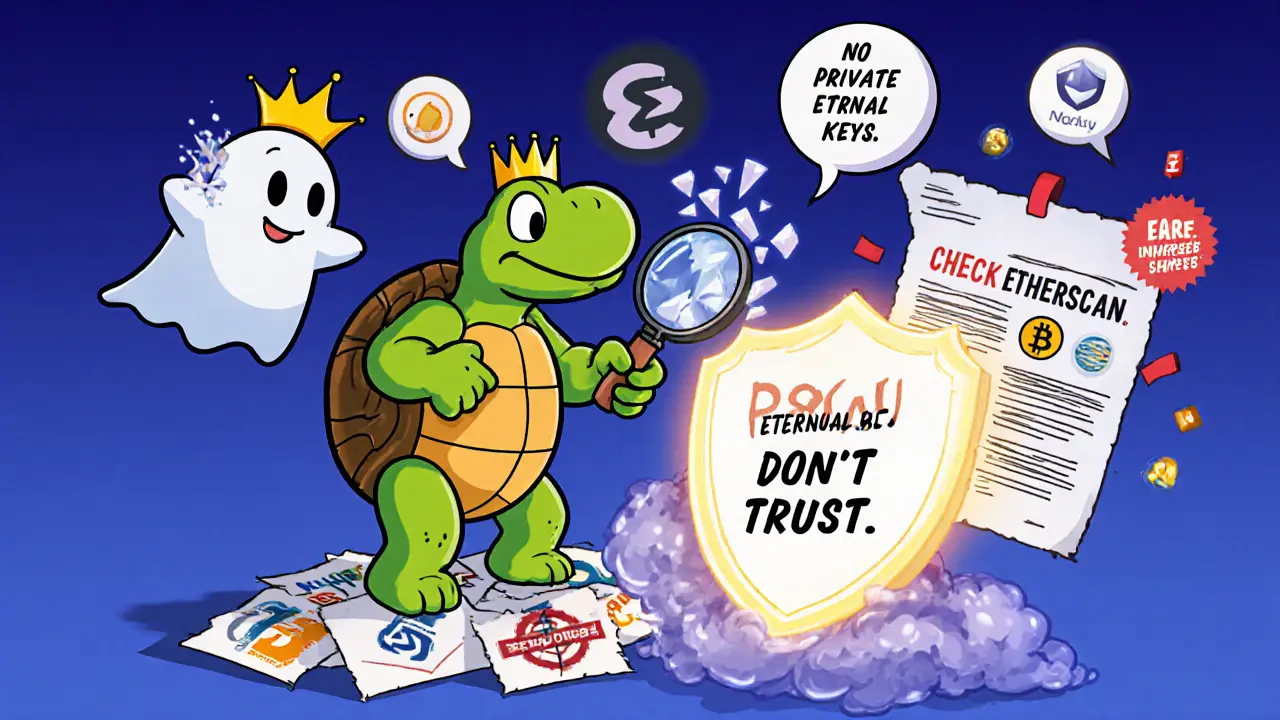 A heroic turtle points at a dissolving ghost labeled &#039;TOKAU&#039; while standing on verified crypto projects.