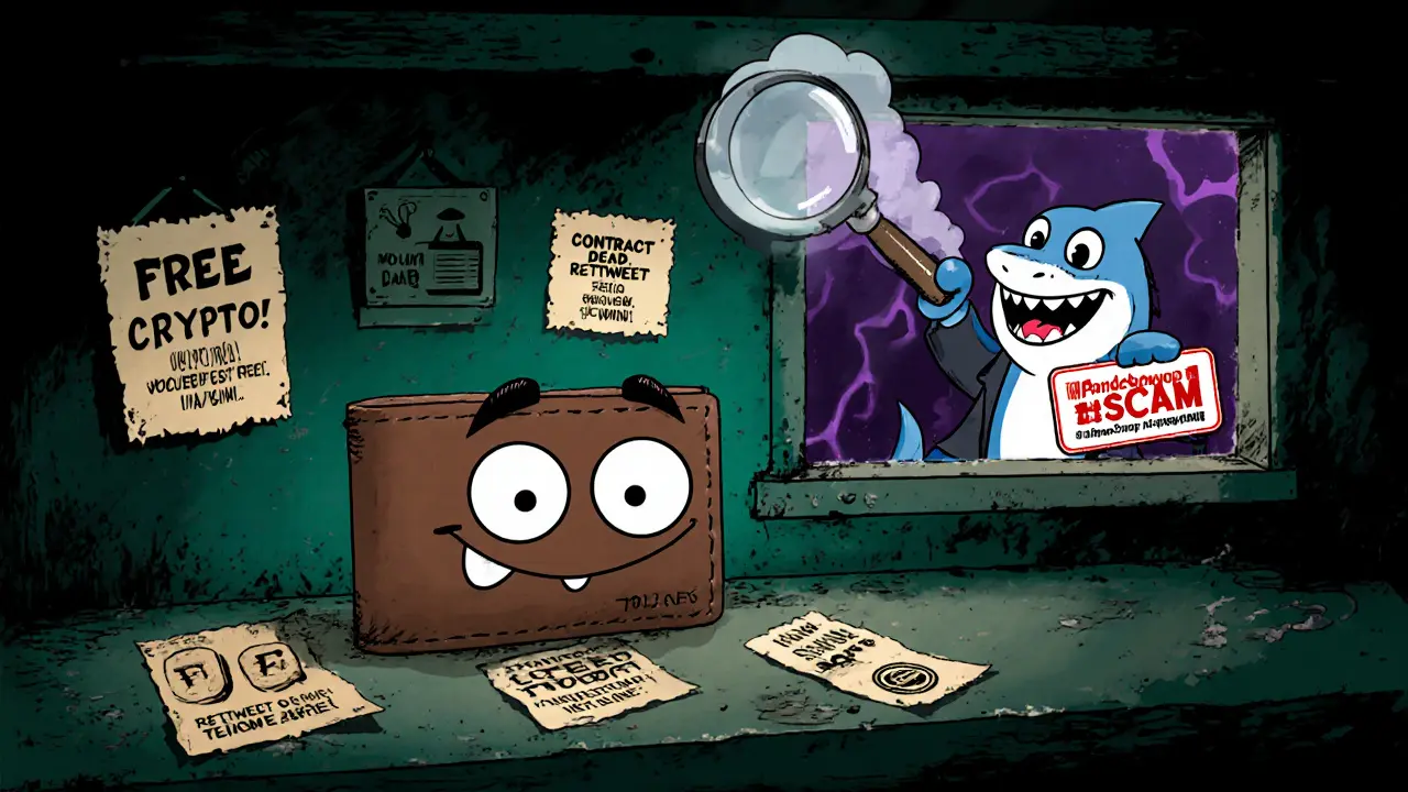 A lonely wallet on a shelf is surrounded by faded airdrop flyers, with a scam shark outside.