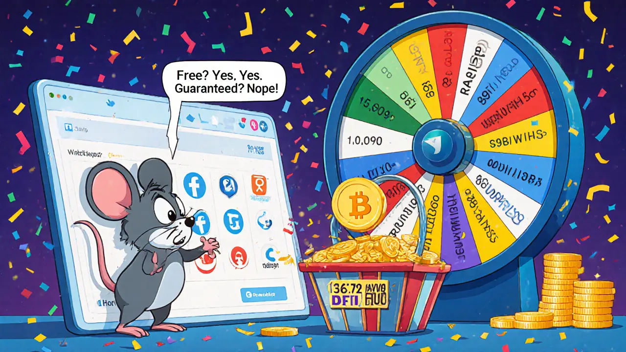 A mouse clicks social media icons as a giant lottery wheel spins, with one DFI token falling into a prize basket labeled '36.72 DFI AVG'.