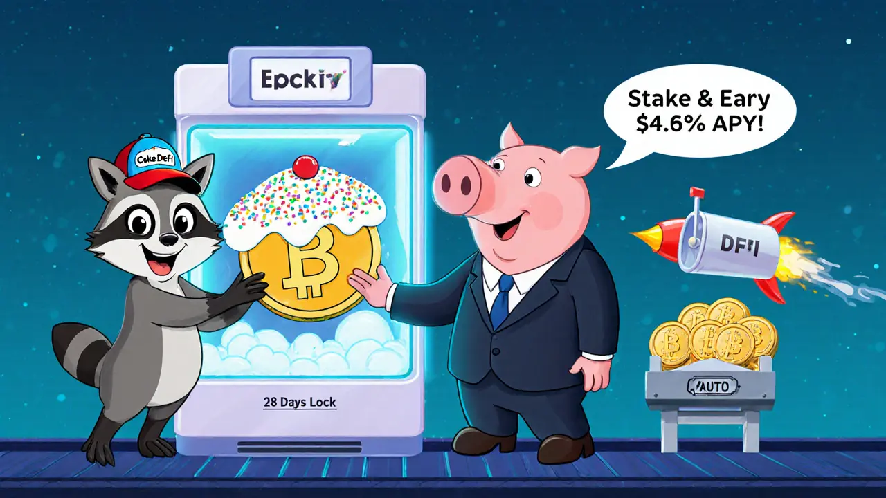 A raccoon deposits crypto into a Cake DeFi freezer and receives a giant cake-shaped DFI token with a 34.5% APY rocket flying above.