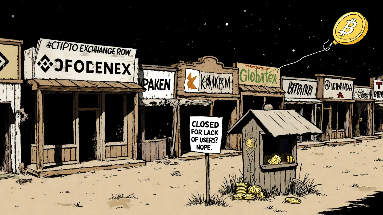 An abandoned Globitex booth in a ghost town of crypto exchanges, with a tumbleweed made of crypto tokens.