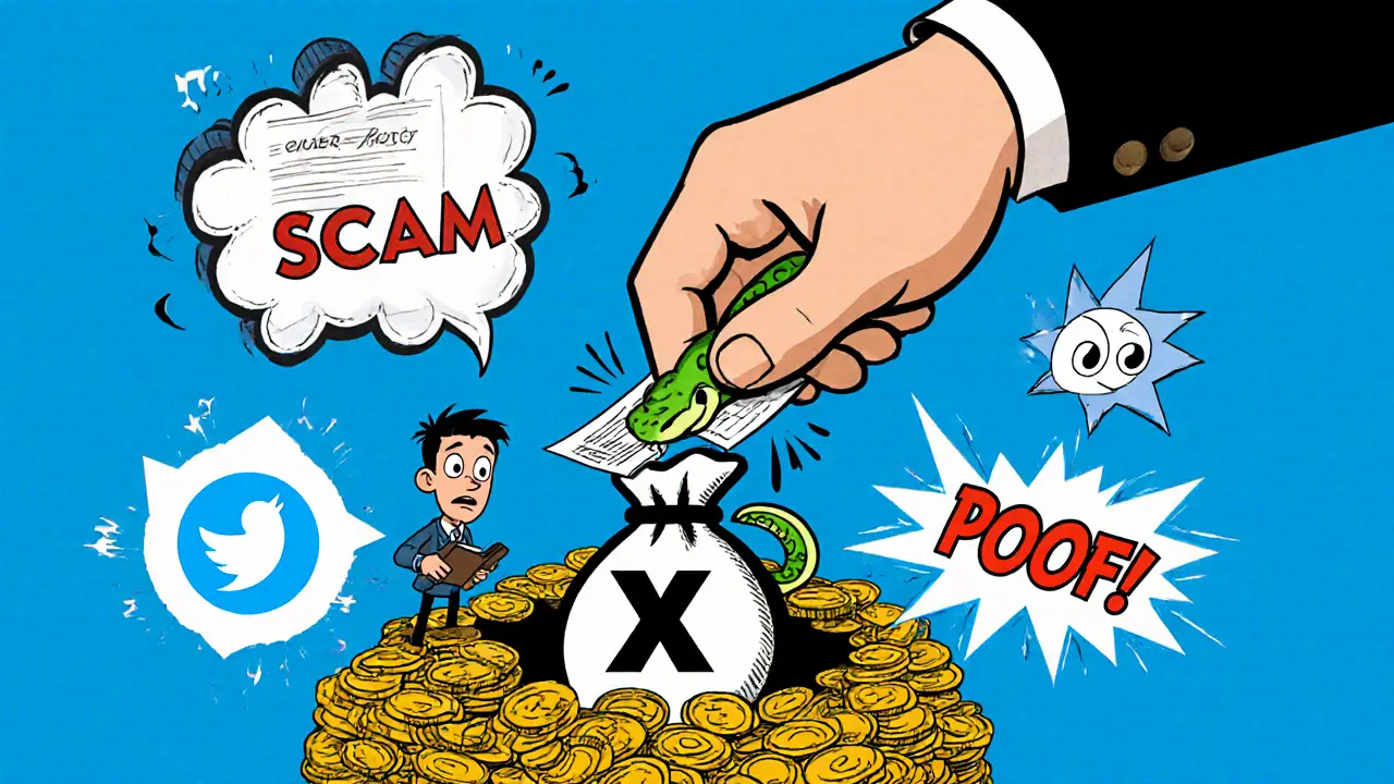 An investor signing a contract that turns into a snake, losing crypto to a bottomless pit.