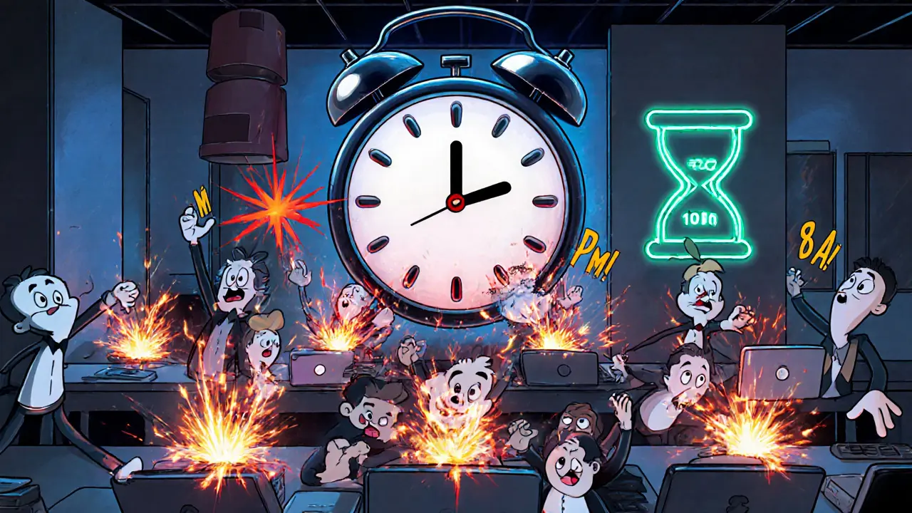 Animated chaos inside a crypto exchange after a hack, with a clock showing limited trading hours.