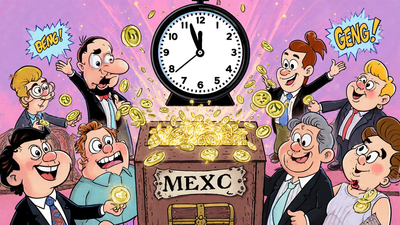 Animated crowd votes with MX tokens at a booth, revealing GENS rewards.