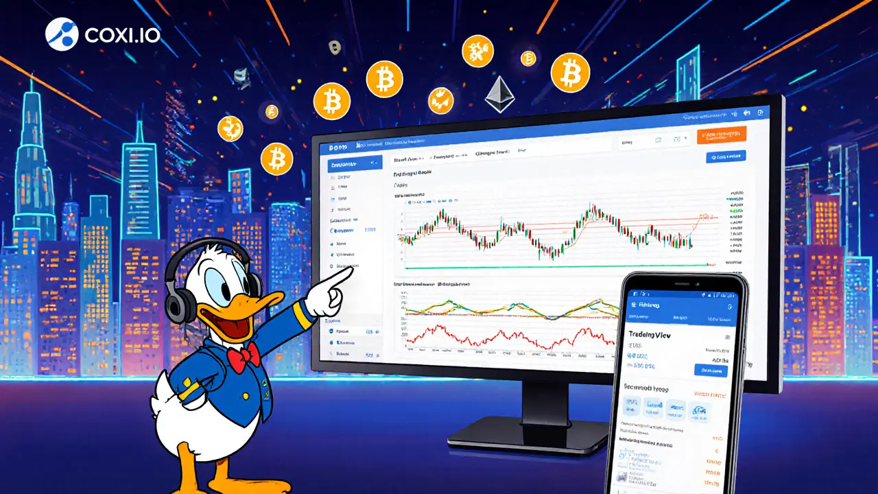 Animated duck trader pointing at a split-screen trading UI with charts and a mobile app.