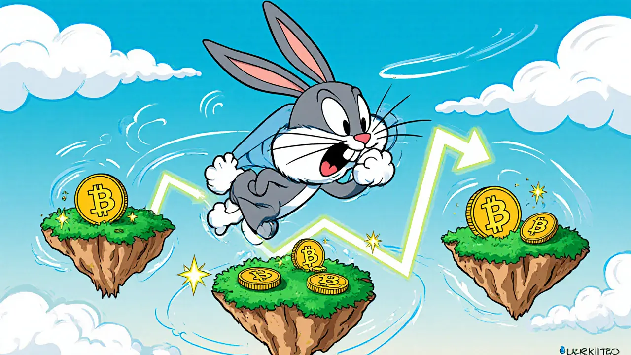 Animated rabbit racing across blockchain islands, following a glowing path and collecting tokens.
