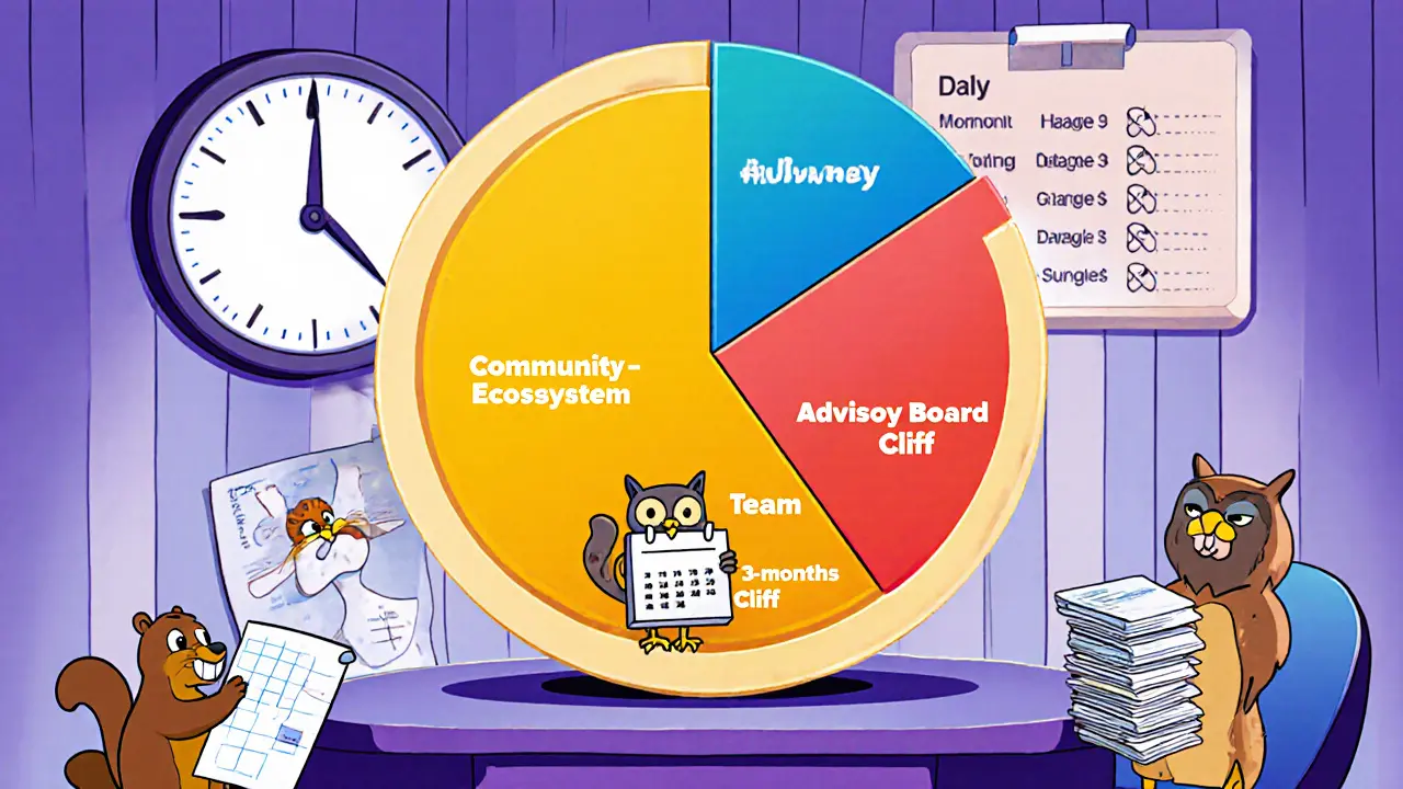 Animated token pie chart shows allocation slices with characters and clocks indicating vesting schedules.