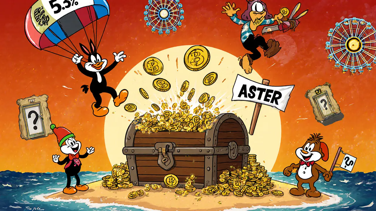 Animated treasure chest spills ASTER coins with characters representing tokenomics percentages dancing around.