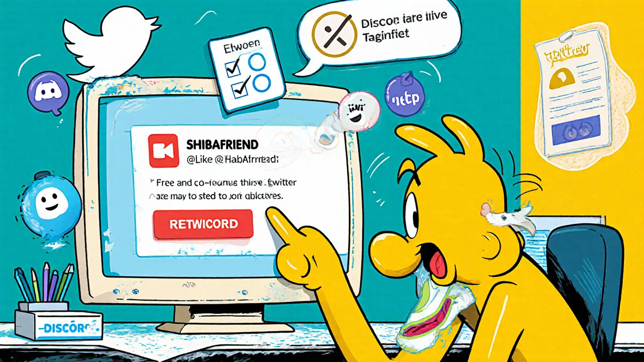 Cartoon character completes Twitter retweet, tags friends, and follows steps for the airdrop.