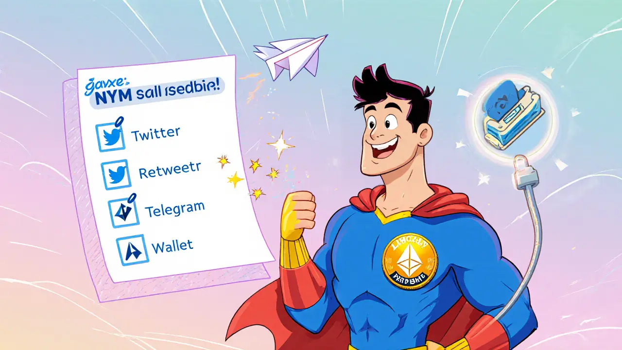 Cartoon character completing Galxe tasks, holding Discord badge with social media icons.