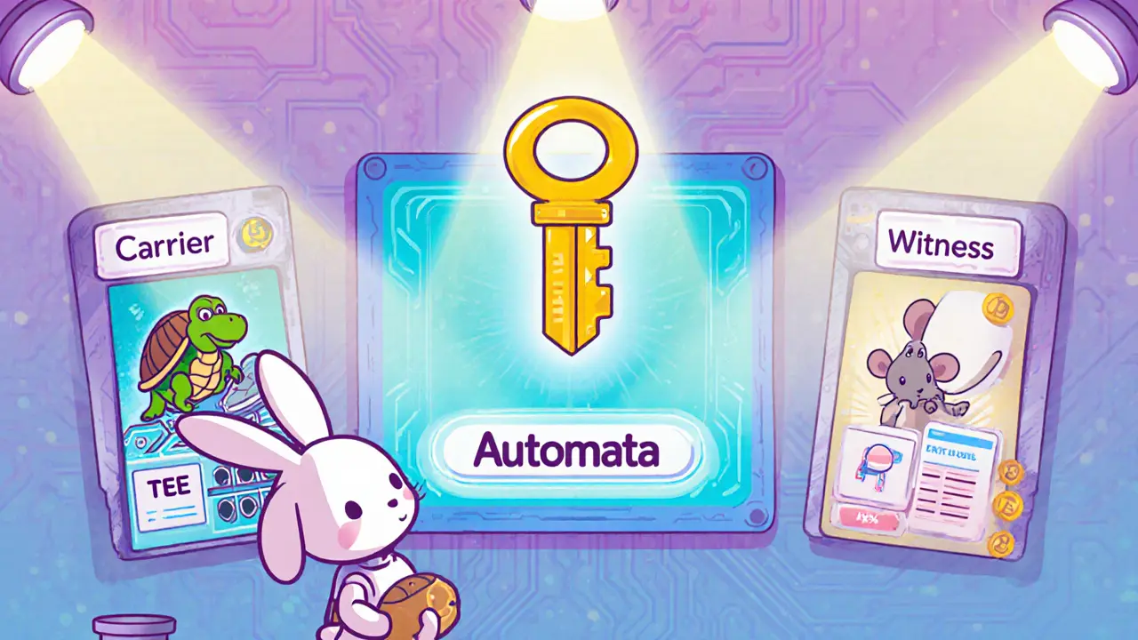 Cartoon characters complete staking, TEE proving, and voting tasks to qualify for ATA airdrop.