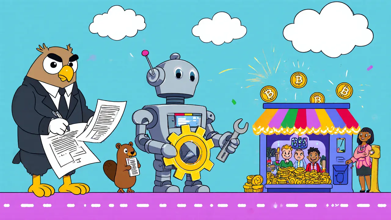 Cartoon factory line shows appraisal, legal signing, smart contract robot, and token minting.