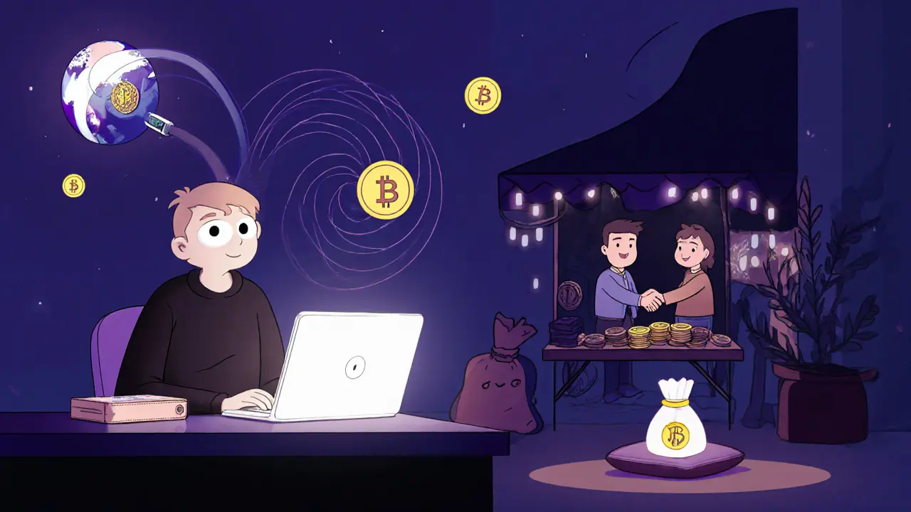 Cartoon figure using a VPN, hardware wallet, and DAI tokens while trading via a peer-to-peer market.