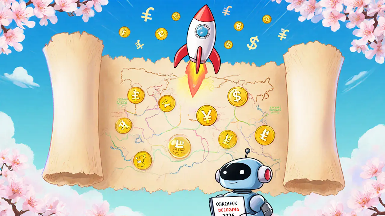 Cartoon roadmap with new coins and rocket illustrating Coincheck's future.