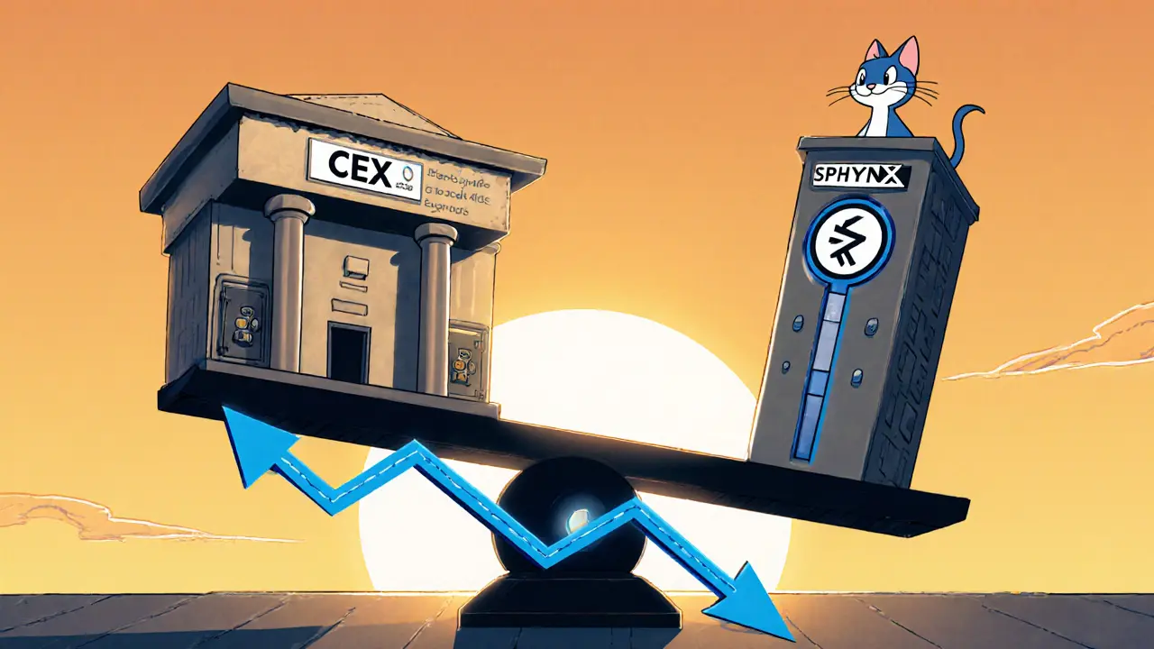 Cartoon rooftop weighing scale balancing a centralized exchange building against a Sphynx Labs tower with a falling token chart.