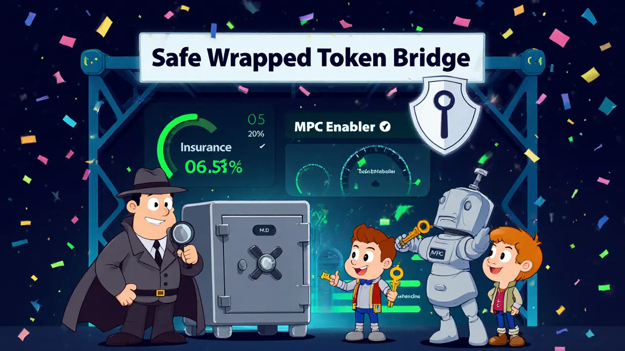 Cartoon security team (detective, safe, key holders, robot) guards a bridge dashboard showing safe metrics.