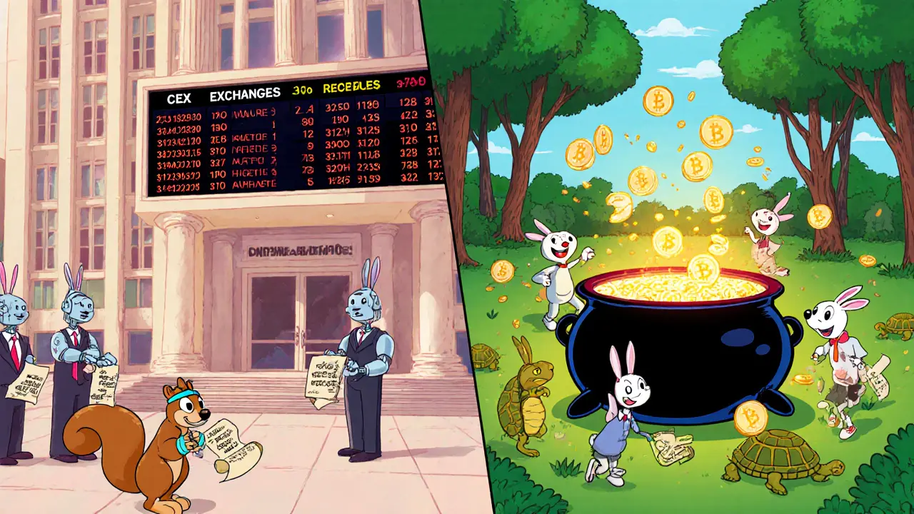 Cartoon split scene showing a CEX building with robot clerks and a DEX forest pool with rabbit providers.