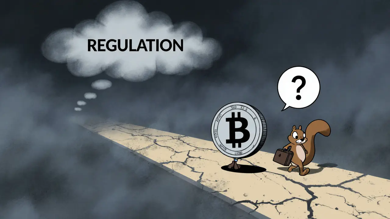 Cartoon squirrel walks away from a fading LIB token on a broken roadmap under a regulation cloud.