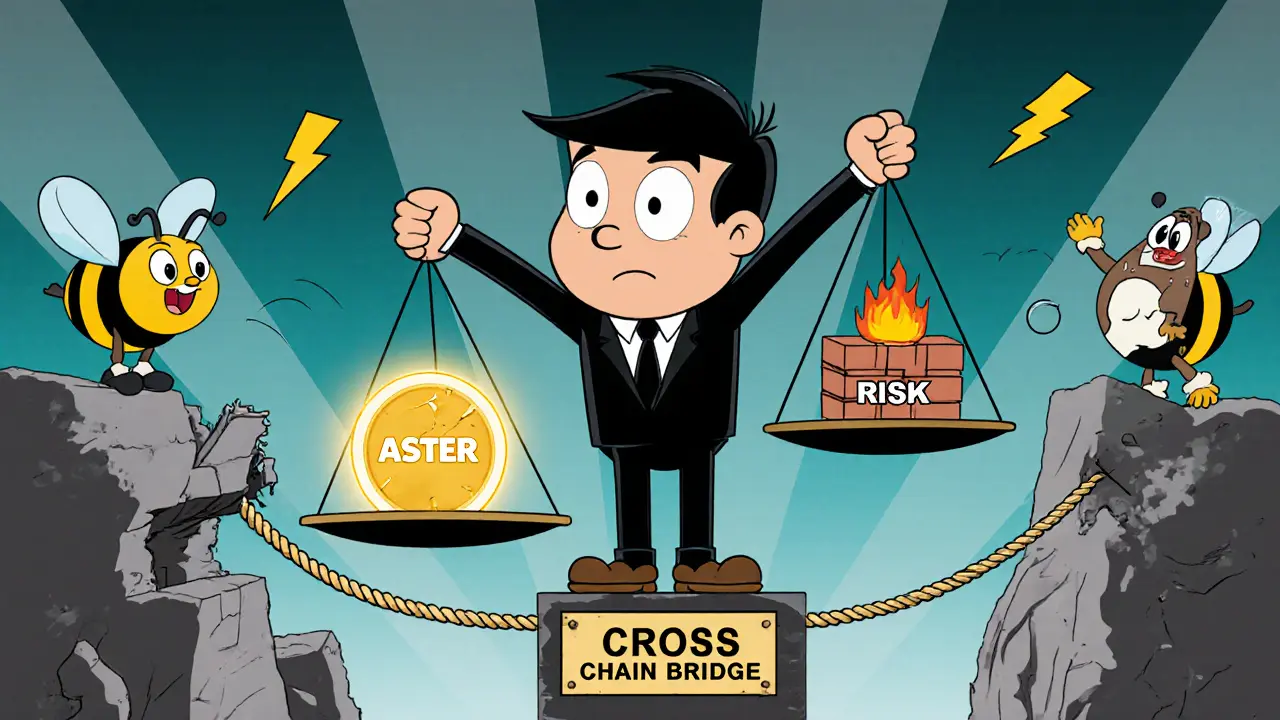 Cartoon trader balances ASTER rewards against risk on a wobbly cross‑chain bridge in Looney Tunes style.