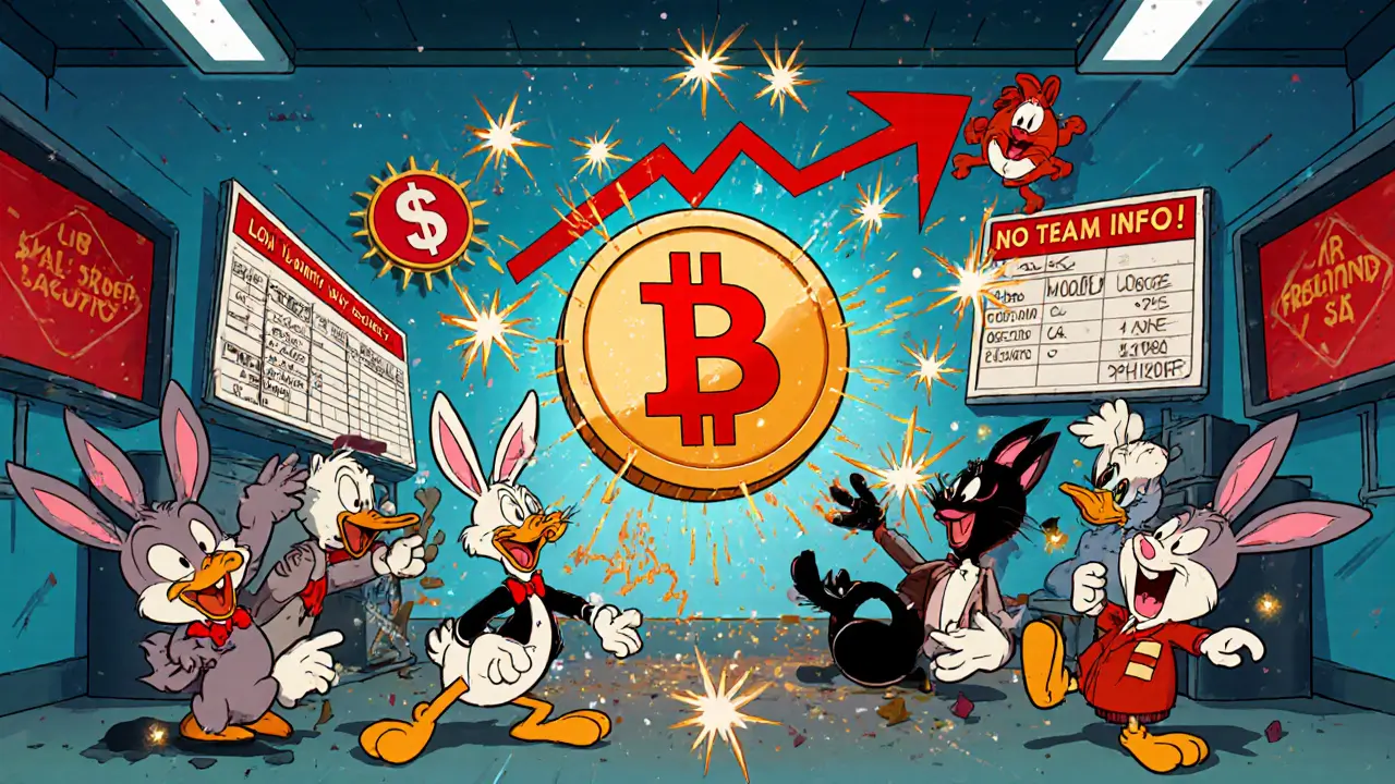 Cartoon traders scramble around a volatile LIB token with price arrows and warning signs.