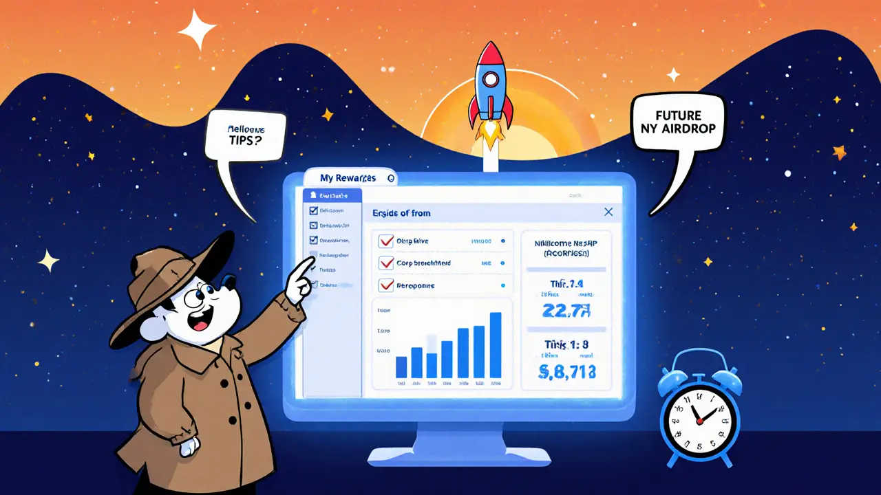 Cartoon user checking NYM airdrop status on dashboard with rocket and tip checklist.