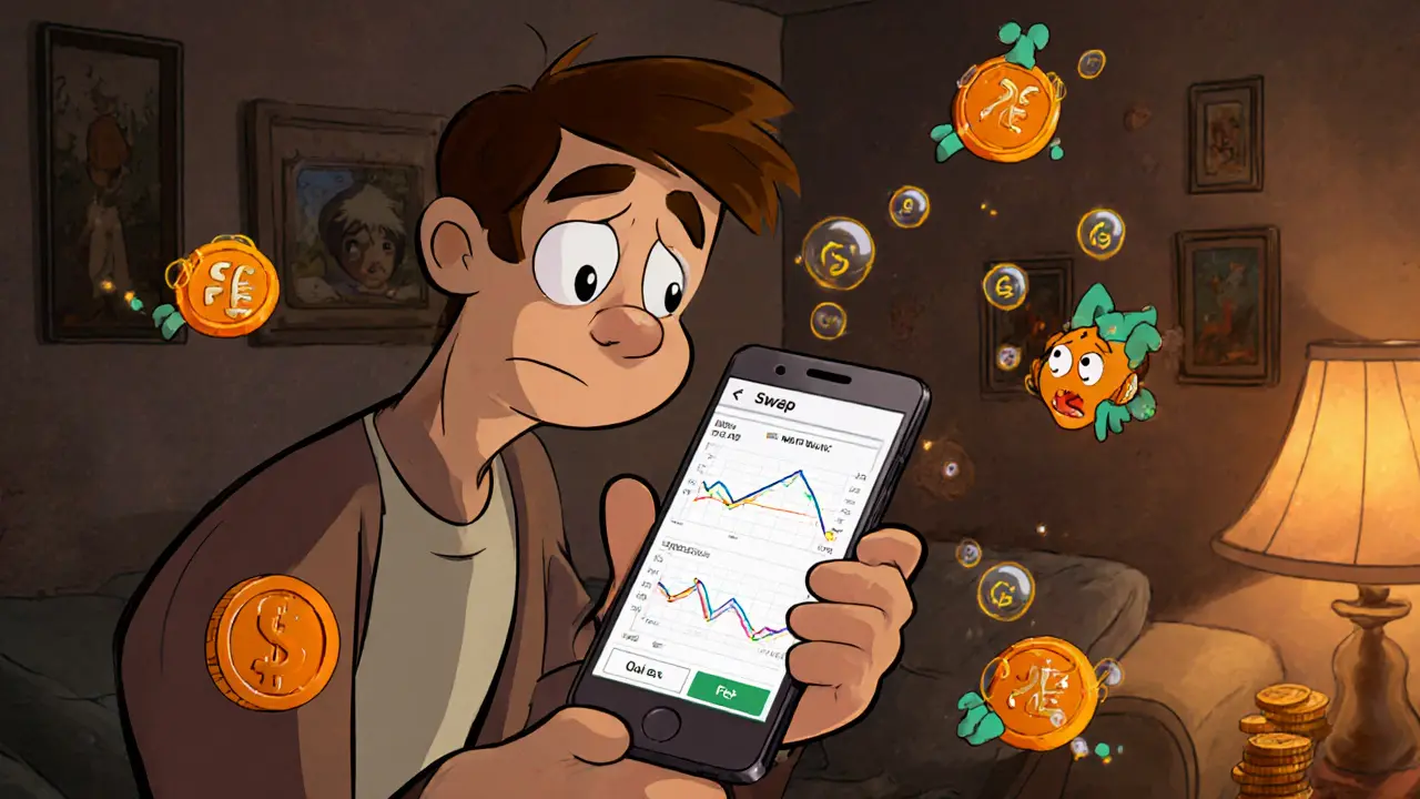Cartoon user holding a phone showing the Sphynx app, surrounded by mischievous fee sprites scattering gas bubbles.