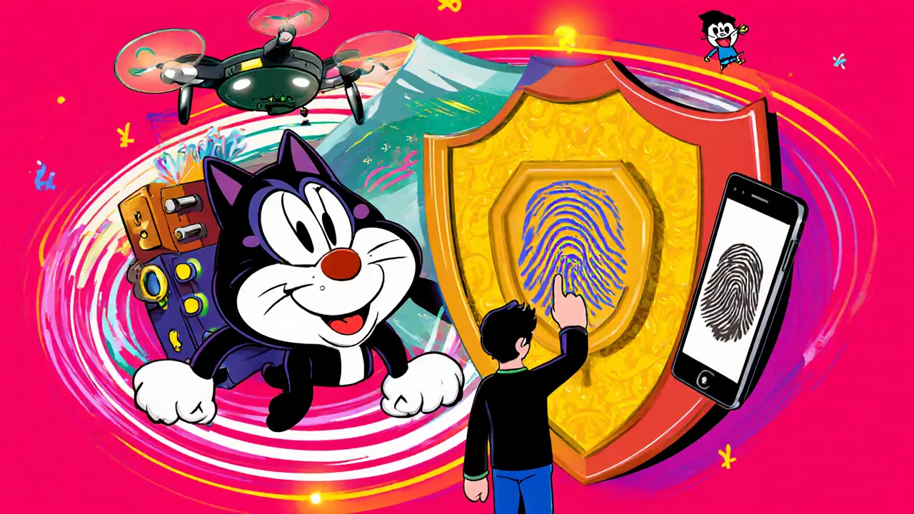 Cartoon vault with fingerprint scanner and selfie ID device showing security.