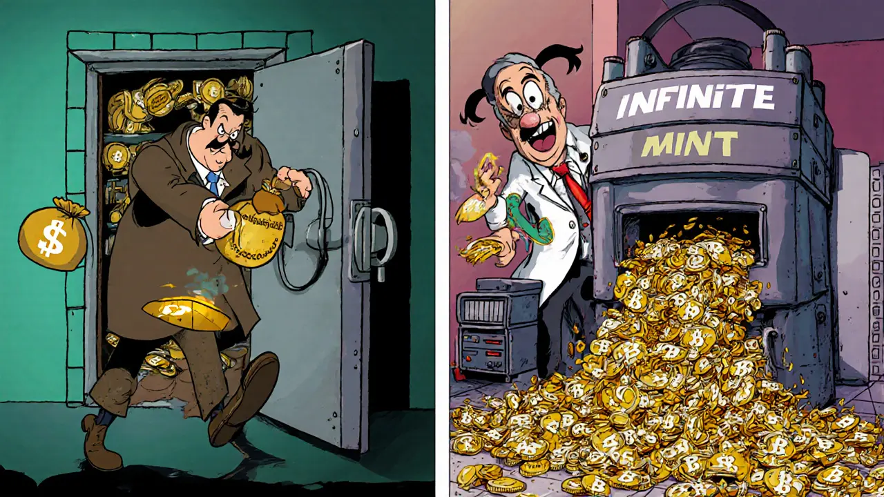Cartoon villain steals vault gold while tokens float; mad scientist prints endless WBTC tokens.