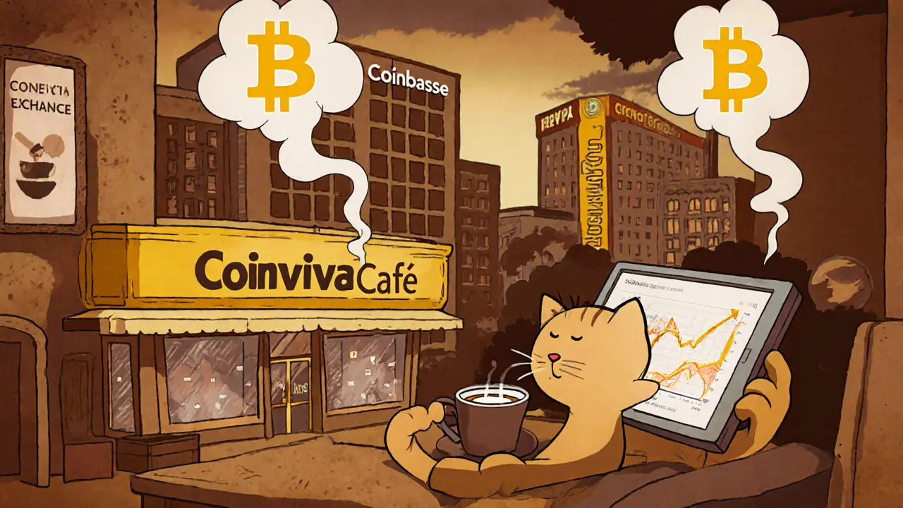 Cat drinks coffee in a Coinviva café while big exchange buildings stand behind.
