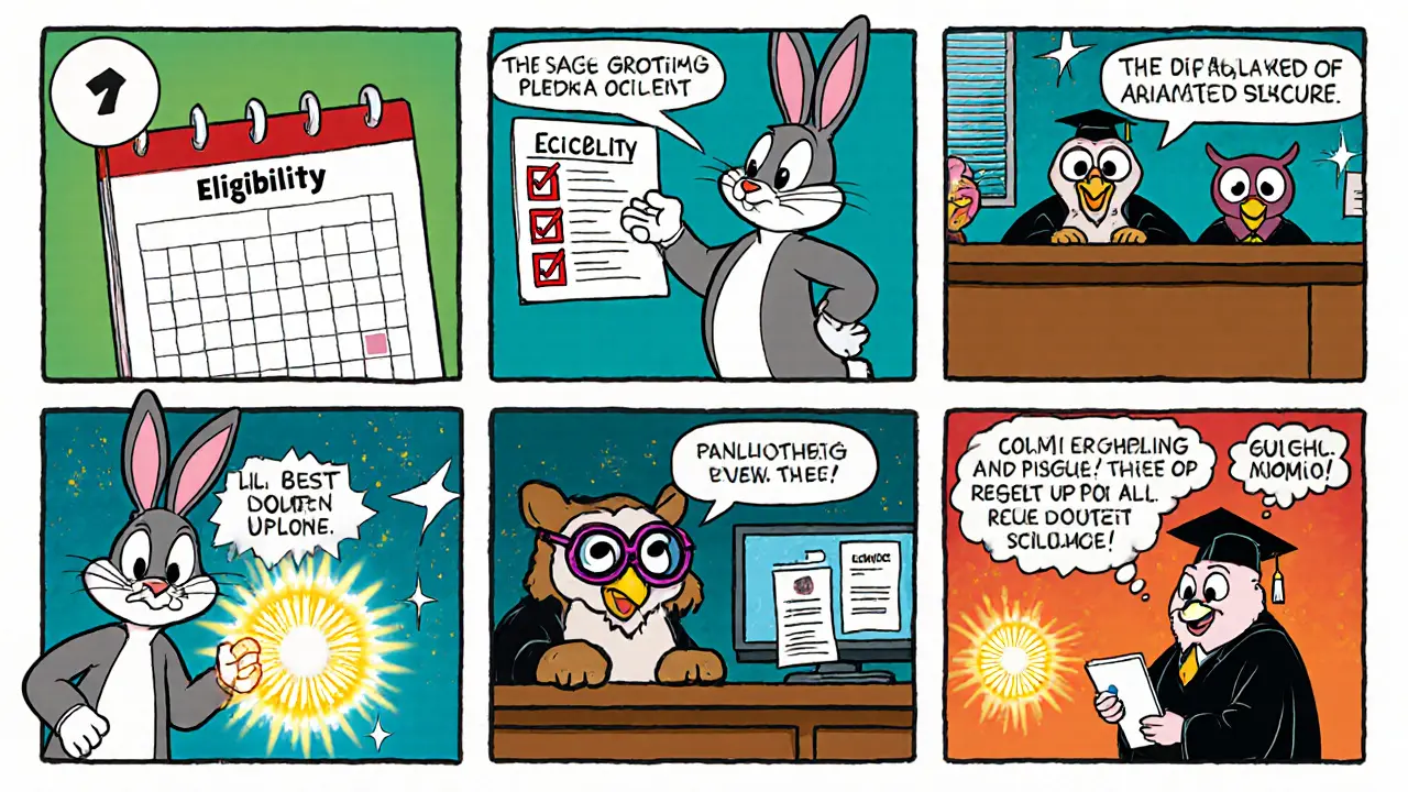 Comic‑strip showing steps: eligibility checklist, pitch presentation, regulator panel, lab testing, report delivery, graduation.