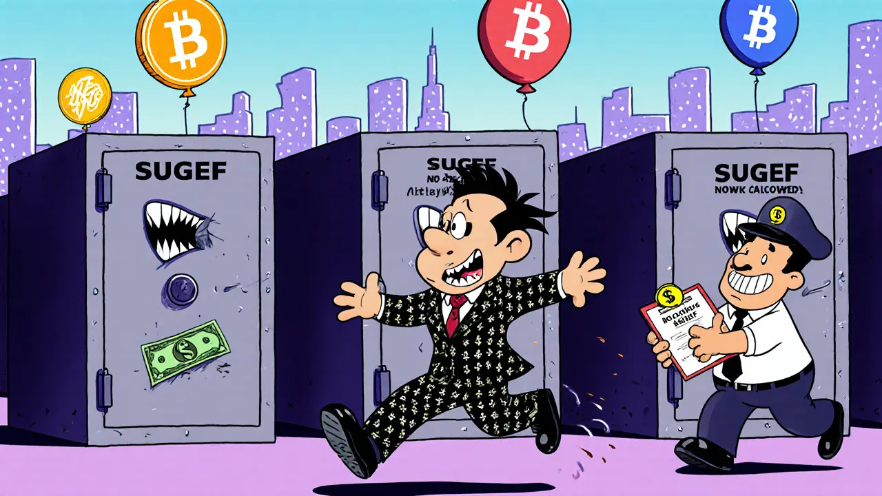 Crypto entrepreneur running from giant bank vaults chased by a SUGEF inspector in Looney Tunes style.