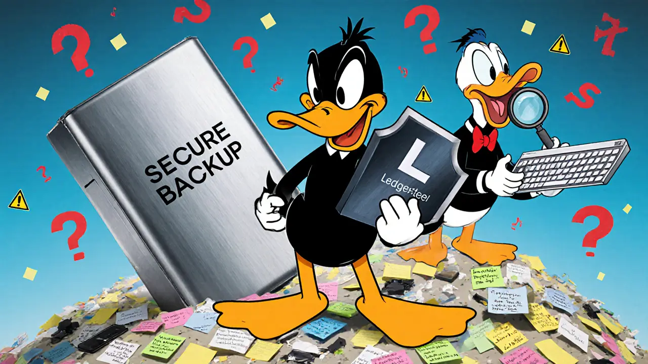 Daffy Duck guarding a hardware wallet while ignoring risky sticky notes, with a secure metal backup box behind him.