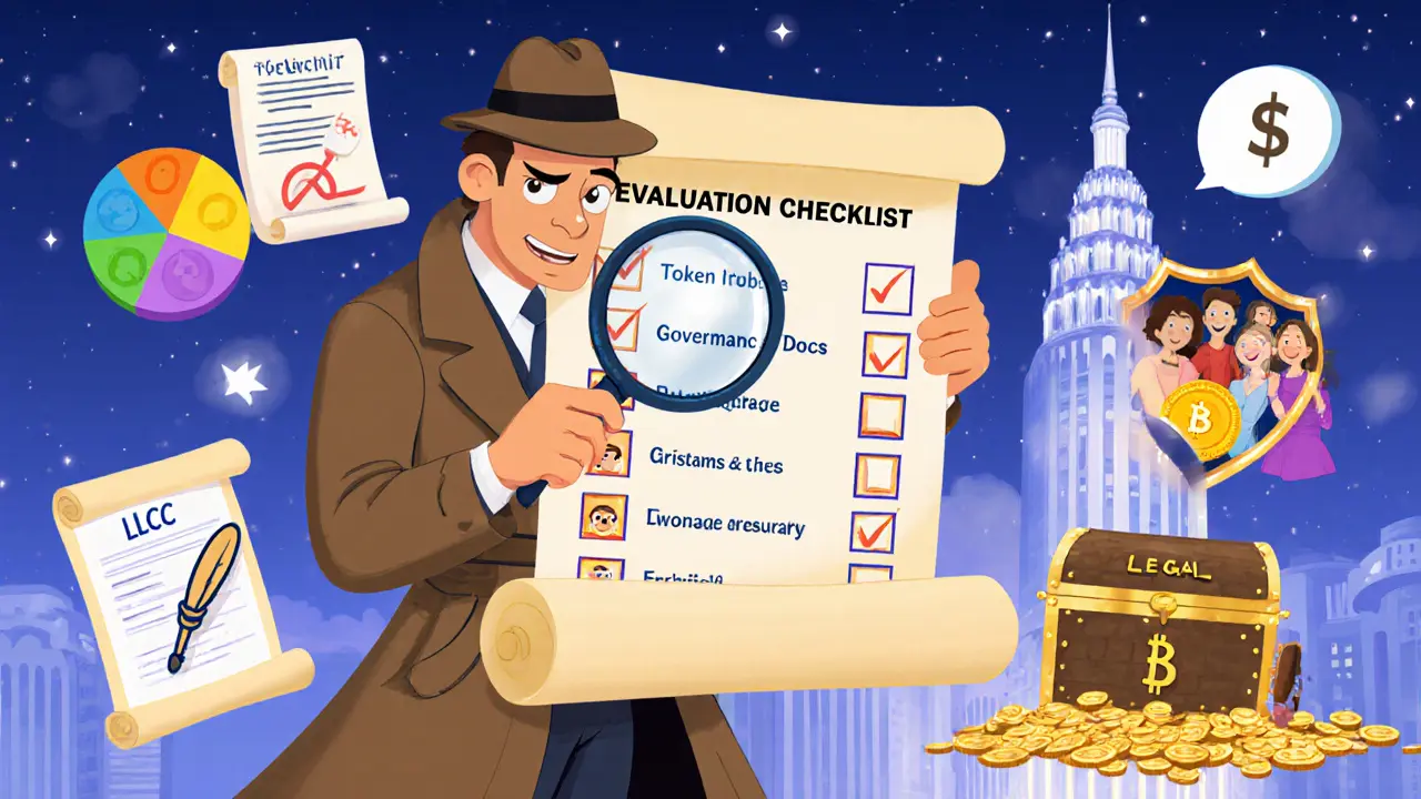 Detective cartoon checking DAO evaluation items like token chart and treasury.