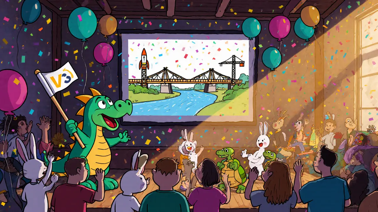 Dragon mascot and community characters celebrate a bridge construction for DragonSwap V2.