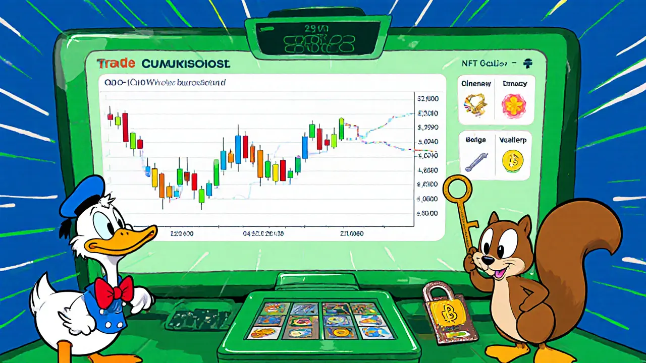 Duck and squirrel operate a colorful crypto trading dashboard with locks and NFTs.