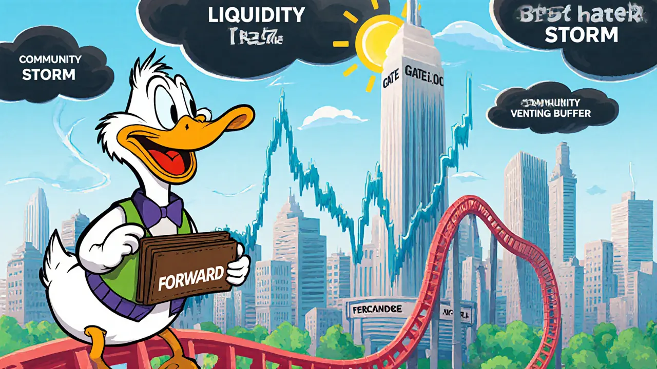 Duck trader rides a rollerâcoaster price chart over exchange buildings, highlighting volatility and risks.