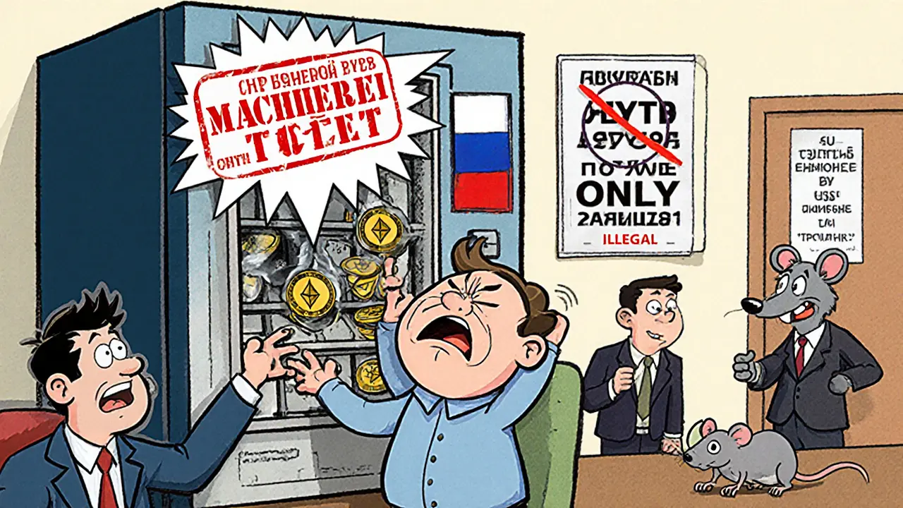Employees in a Russian office using crypto tokens to buy machinery from a vending machine, with a 'NO CRYPTO FOR COFFEE' sign on the wall.