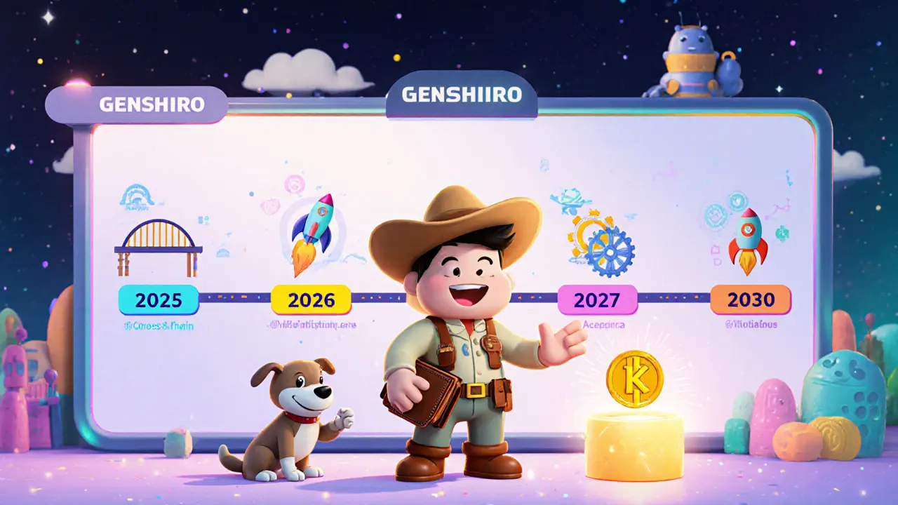Explorer with a wallet stands before a colorful Genshiro roadmap timeline.
