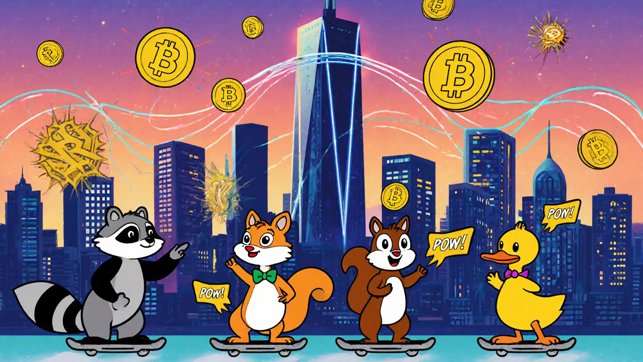 Future city skyline with floating tokens and cartoon investors buying property on hover‑boards.