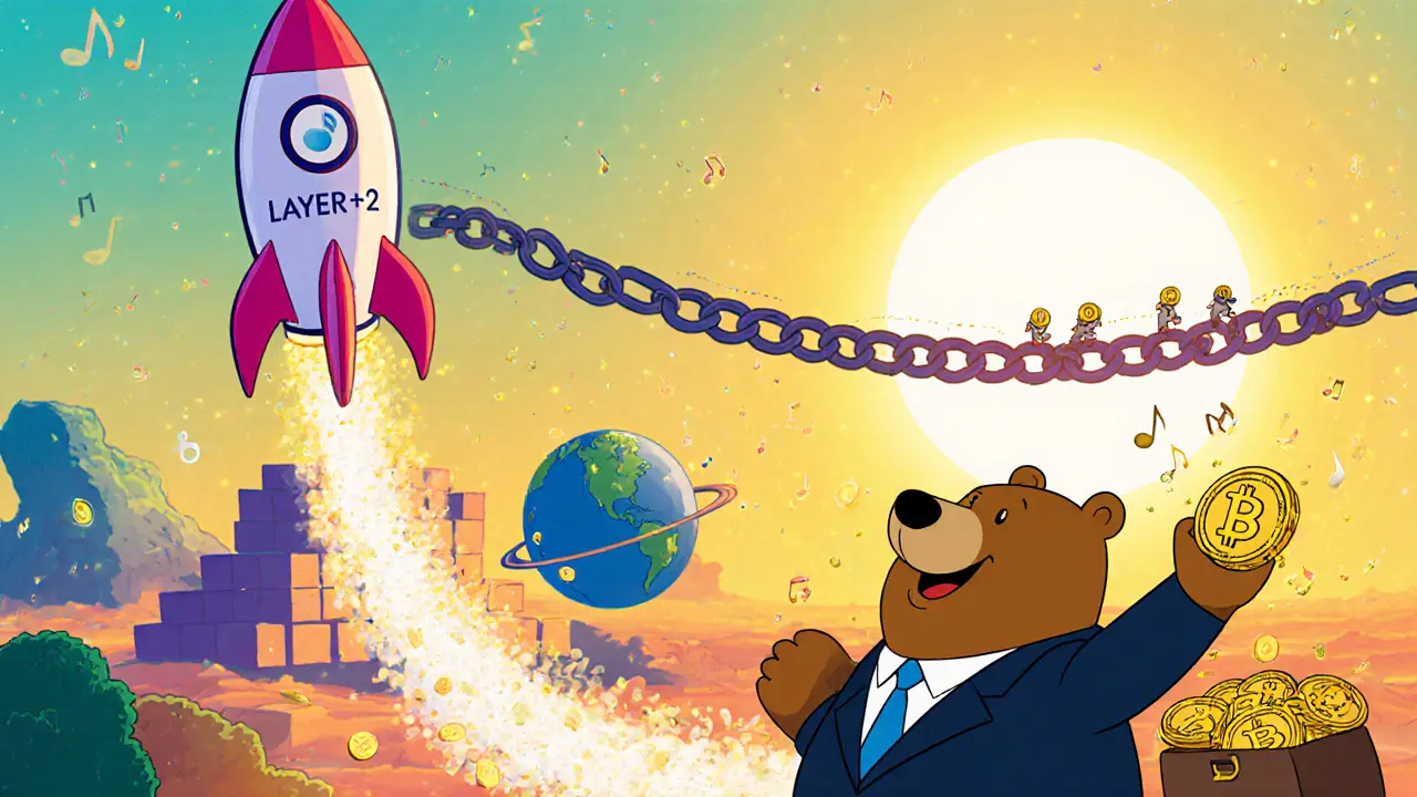 Future crypto liquidity cartoon with a Layer‑2 rocket, cross‑chain bridge, and a bear investor.