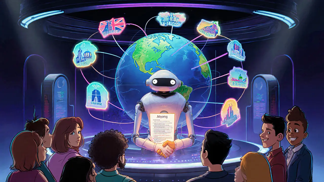Futuristic cartoon hub with AI robot monitoring smart contracts, global lines connecting regions, regulators shaking hands.
