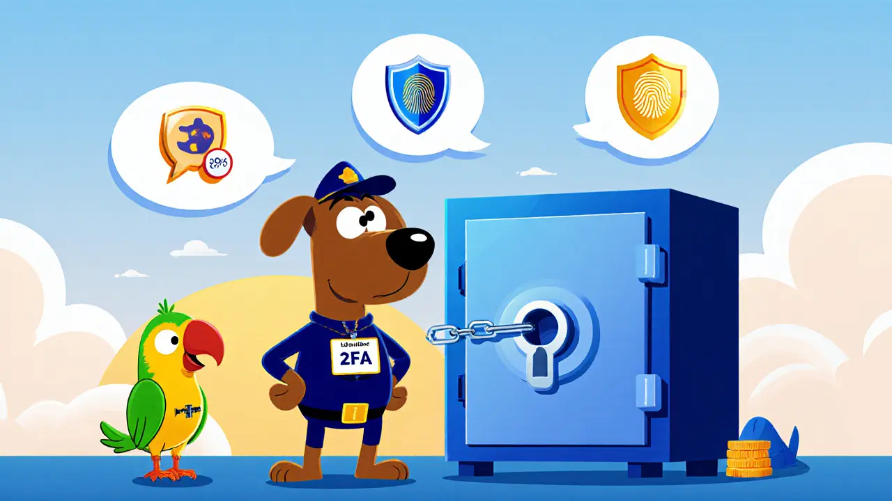 Guard dog with 2FA badge protecting a cold‑wallet vault, supported by a chat‑parrot.