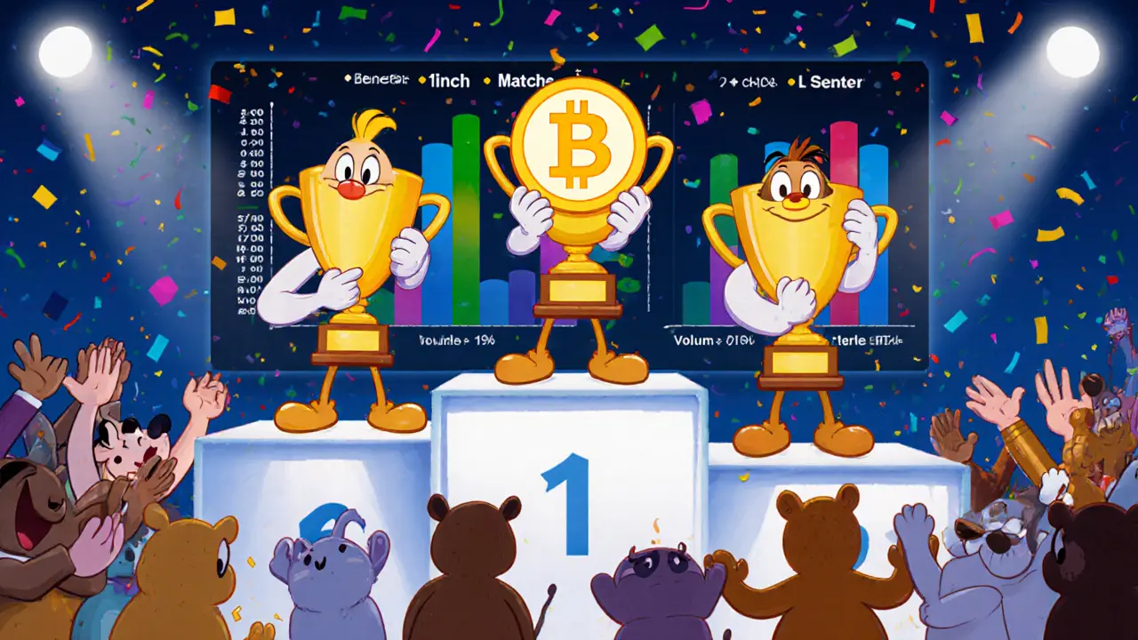 Looney Tunes‑style podium with three characters holding token trophies and a visual scoreboard.