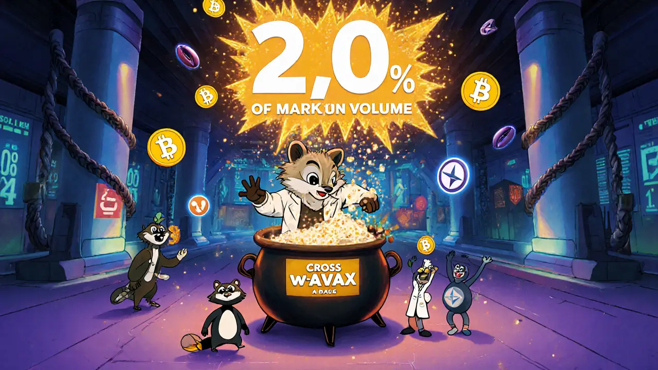 Mad scientist raccoon mixing wrapped tokens in a glowing lab experiment