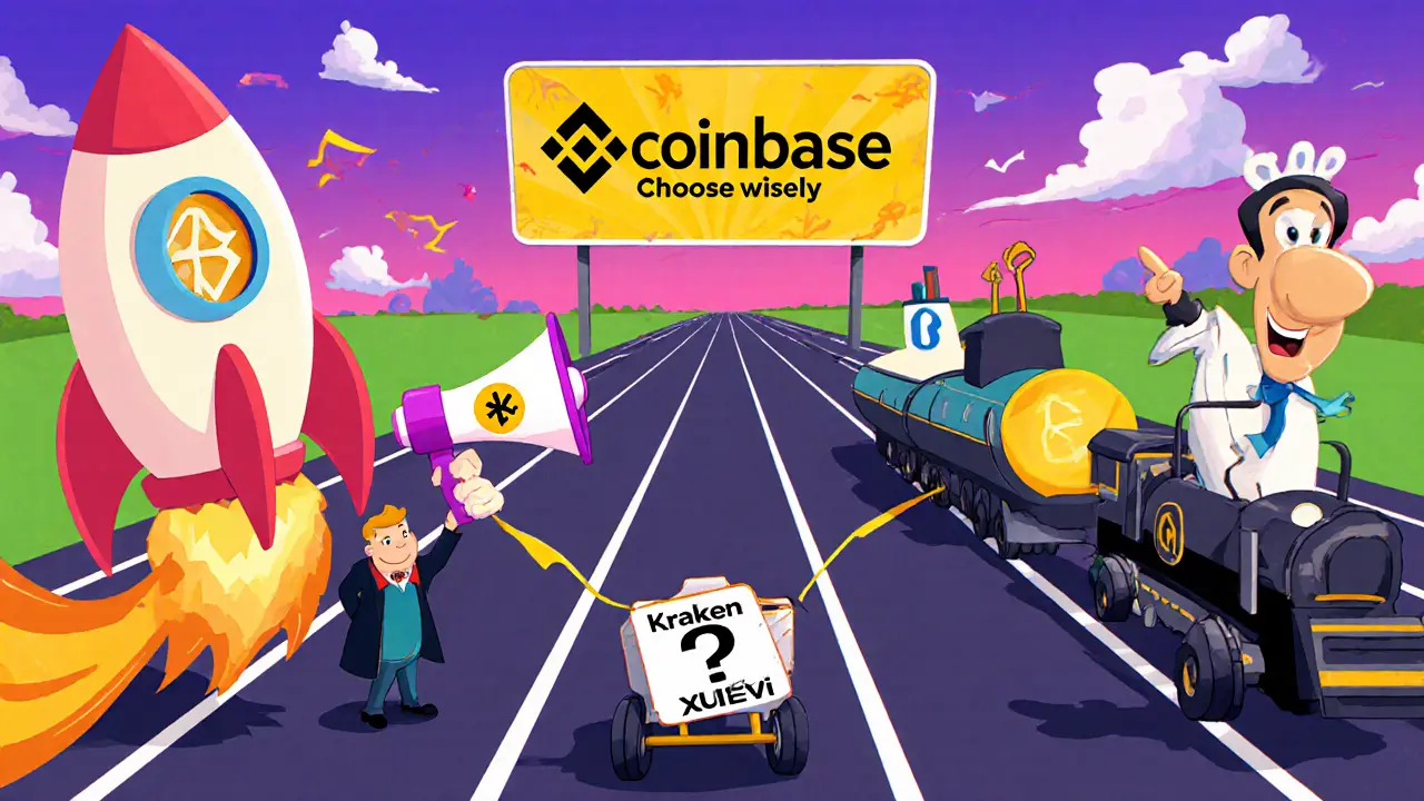 Race track comparing Binance, Coinbase, Kraken, and XueBi lanes.