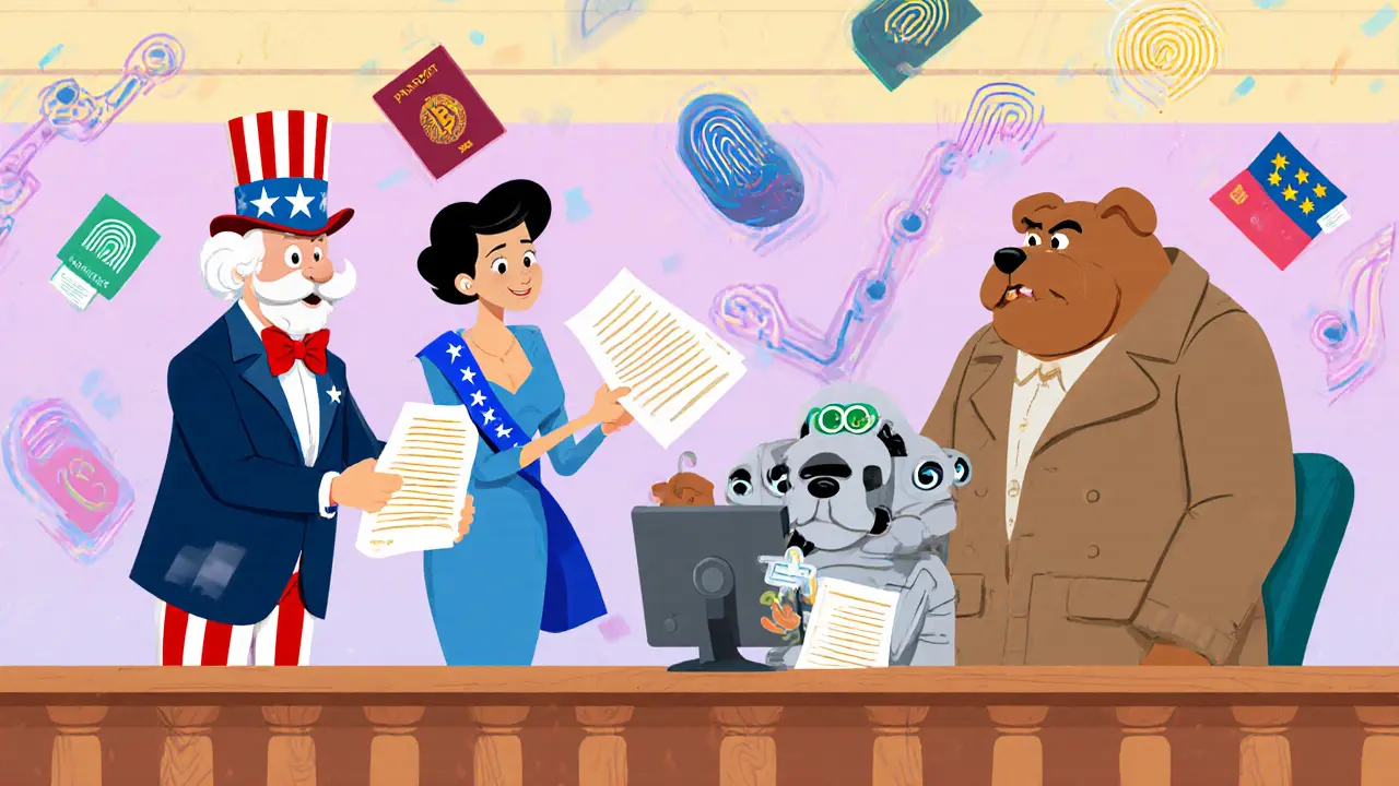 Regulators as cartoon characters hand paperwork to a crypto mascot with AI monitor.